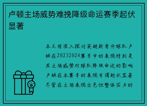 卢顿主场威势难挽降级命运赛季起伏显著