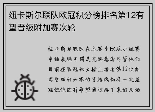 纽卡斯尔联队欧冠积分榜排名第12有望晋级附加赛次轮